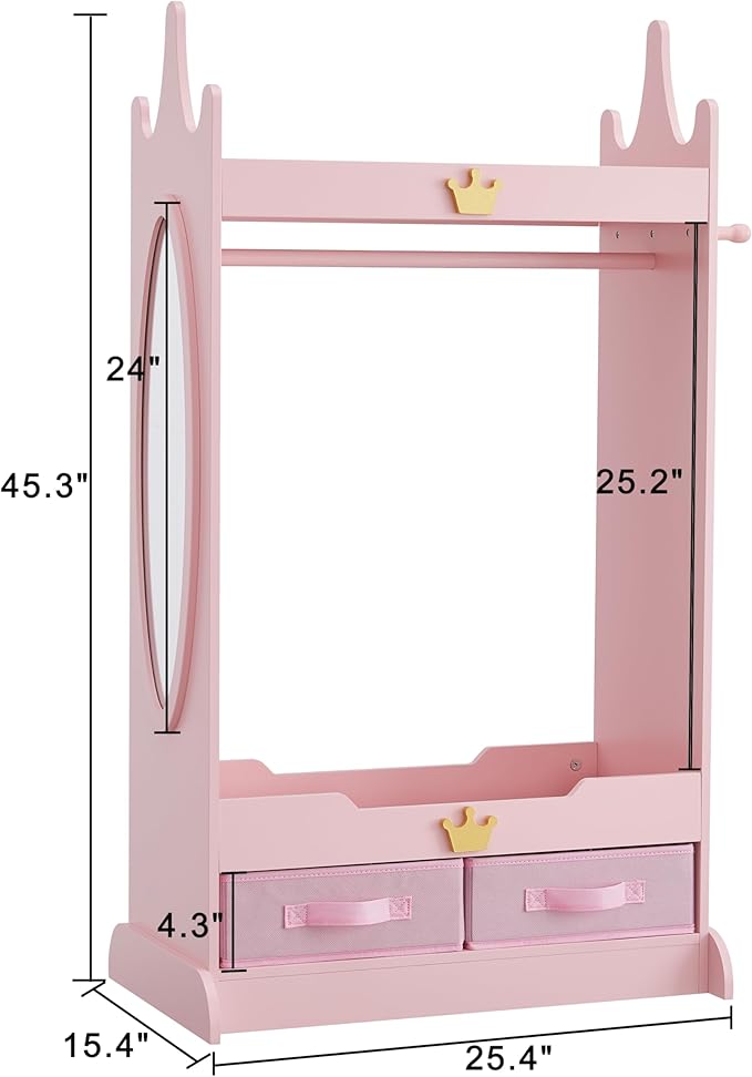 Kids Dress Up Storage with Mirror, Kids Armoire with Non-Woven Drawers, Open Costume Closet with Hanging Rack for Toddlers (Pink)