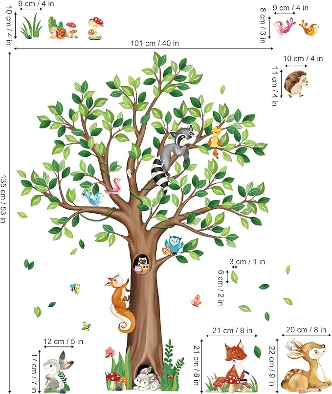 decalmile Woodland Animals Large Tree Wall Stickers Bear Fox Deer Wall Decals Baby Nursery Kids Bedroom Toddler Room Wall Decor (H:135cm/53Inches)