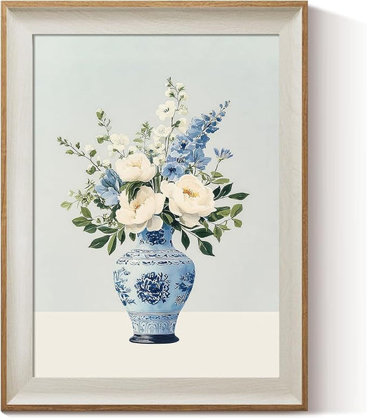 ARPEOTCY Framed Canvas Wall Art, 12x16 Inch Vintage Blue and White Vase Floral Painting, Chinoiserie Peony Still Life Wall Decor for Kitchen, Dining Room, or Bedroom