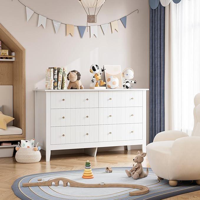FOTOSOK White Dresser, Chest of Drawers, Modern 6 Drawer Double Dressers with Deep Drawers, Nursery Dresser for Baby, Wide Storage Organizer Cabinet for Living Room, Hallway,White