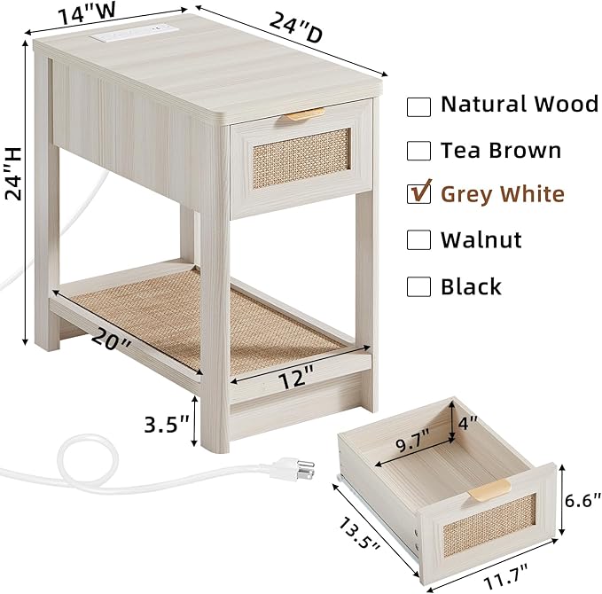 Lerliuo Narrow Night Stand Set of 2 with Charging Station, Boho Nightstand with Drawer, Bed Side End Table with Rattan Shelf for Small Spaces, Wood Nightstands Bedside Tables for Living Room Bedroom