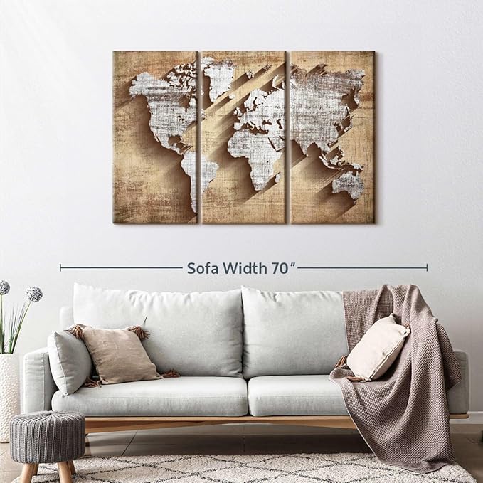 ElephantStock Dimensional World Map II Multi Piece Canvas - 3 Piece Canvas World Map Wall Decor - Wall Decor, Ready-to-Hang Print - Vintage Wall Art - 50" X 32"