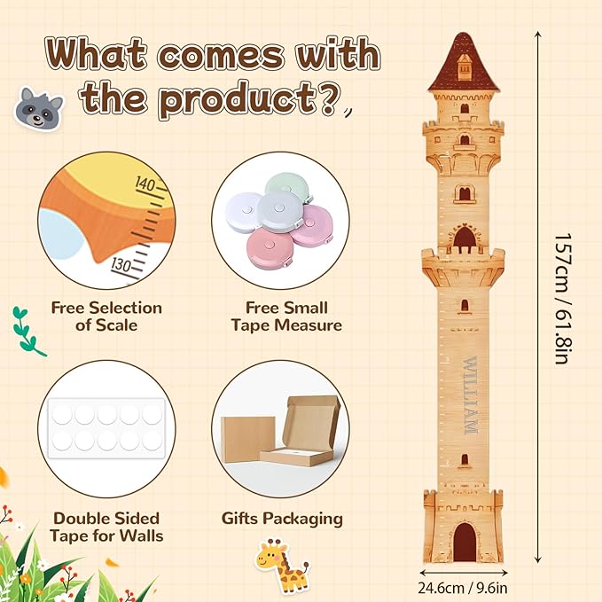 Personalized Wooden Castle Growth Chart Ruler,Custom Kids Height Measurement Ruler,Height Measurement Children,Nursery Wall Decor Baby Room