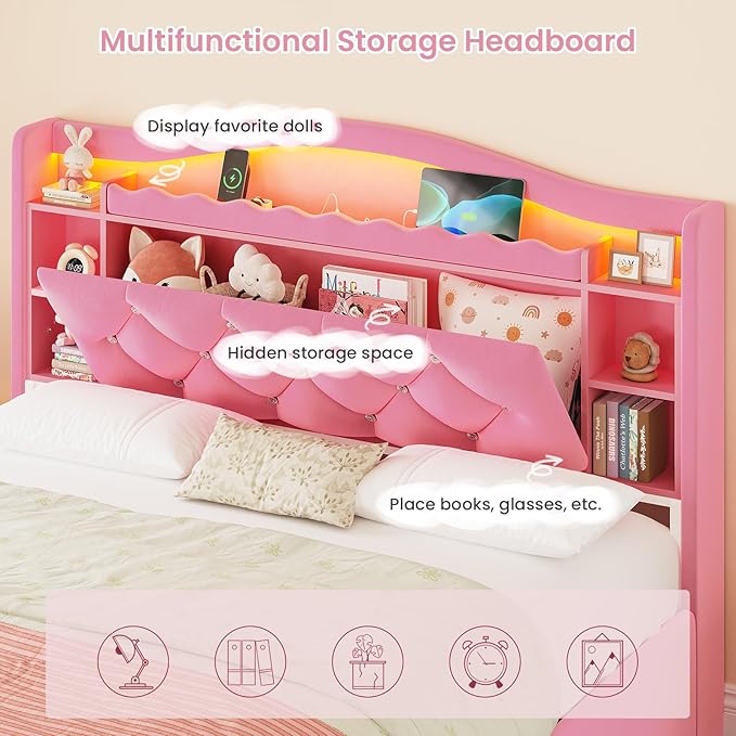 DICTAC Full Size Bed Frame for Girls with 4 Storage Drawers, Bookcase Headboard, LED Lights and Power Outlets, Diamond Tufted Velvet Upholstered Princess Platform Bed, Heavy-Duty Metal Support, Pink