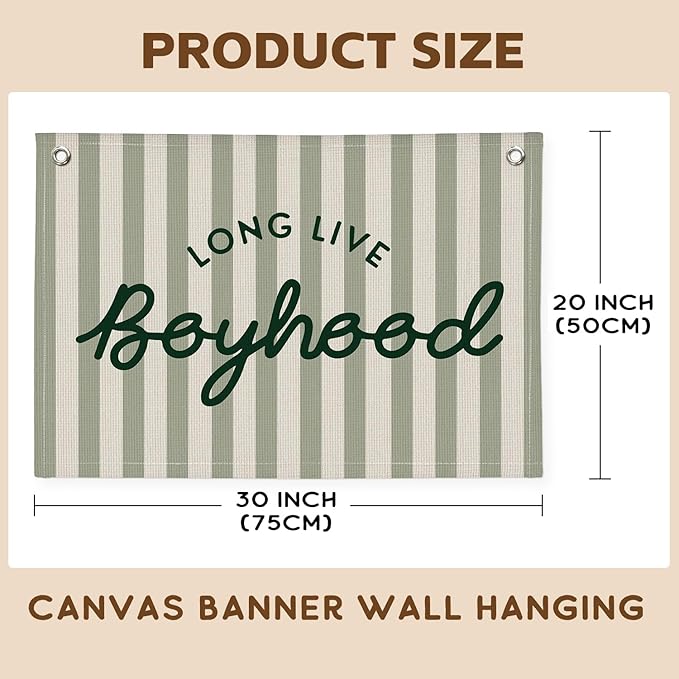 Long Live Boyhood Banner, Boy Nursery Decor, Canvas Banner Wall Hanging Flag Decor for Nursery Playroom Toddler Room, Boys Kids Room - Sage Green