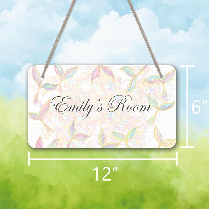 Dreamy Mermaid Design Personalized Room Door Sign Custom Name Signs Kids Girls Bedroom Decor Nursery Dorm Farmhouse Baby Room Wood Hanger Toddler Art Wall Plaque 12x6 Inches