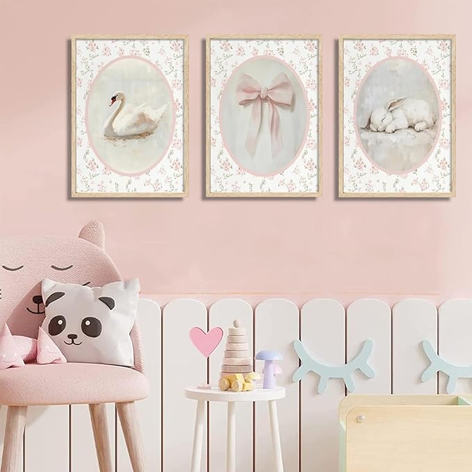 3Pcs Pink Vintage Nursery Wall Art Cute Animal Rabbit Swan Bow Flower Canvas Posters Prints Baby Girl Room Picture Wall Decor for Girls Room Bedroom Decorations Unframed