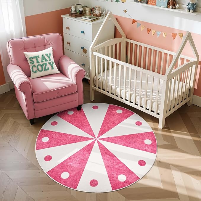 jinchan 5ft Round Rug Hot Pink Washable Fun Cute Playroom Mat Non Slip Cheerful Circle Cool Rug Soft Cozy Low-Profile Playful Carousel Throw Carpet for Kids Gift Teens Dorm Entryway Bedroom