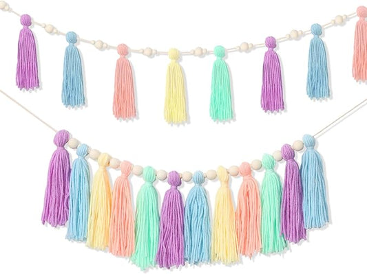 2 Pcs Tassel Garland with Wood Beads, Handmade Cotton Yarn Wall Hanging Banner Boho Tassel Wall Hanging Party Decor for Nursery, Birthday Baby Shower Home Classroom Decoration(Macarons)