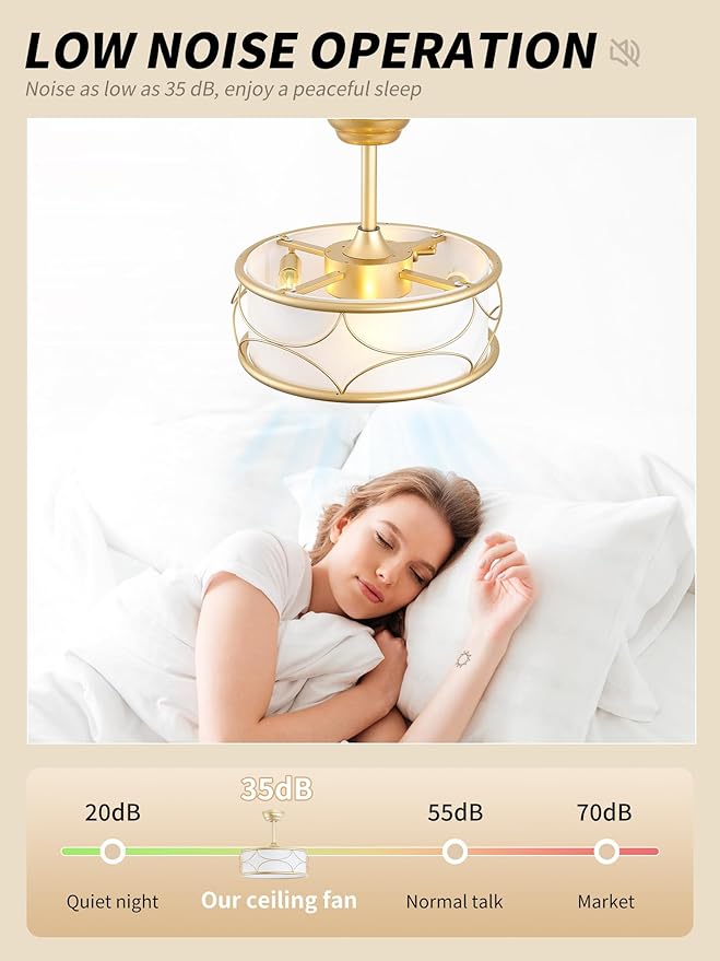 18" Gold Fandelier Ceiling Fan with Light, Fabric Boho Chandelier Ceiling Fans with Lights Remote Control, Mid-Century Modern Caged with 6 Speeds for Bedroom, Nursery (FS-BG02)
