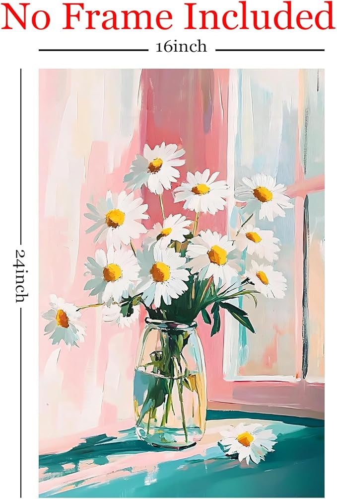 Rustic Farmhouse Floral Canvas Wall Art Flower Still Life Prints Flower In Vase Painting Modern Floral Canvas Daisy Painting White Daisy Picture Aesthetic Flowers Poster 16x24inch No Frame