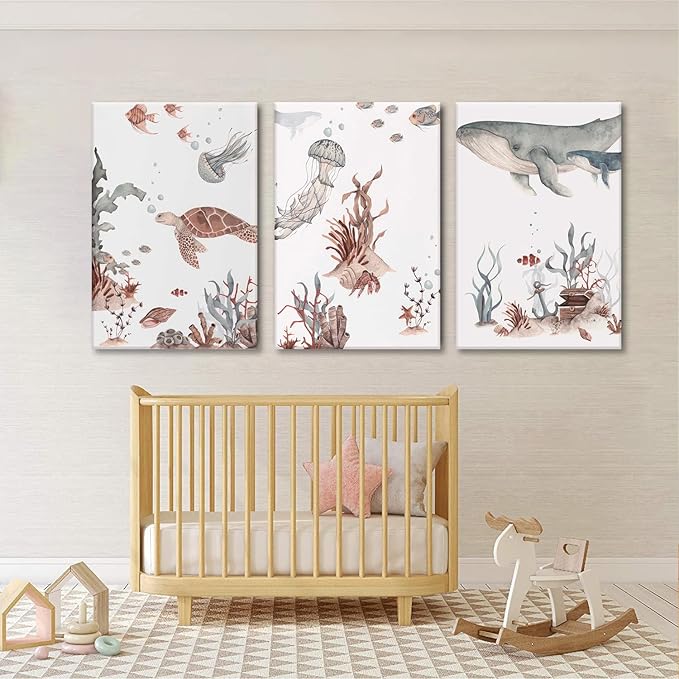 Wodkwq Ocean Nursery Decor,Nursery Wall Decor,Kids Bathroom Decor,Under The Sea,Boys Room Sea Animal Wall Art Picture Canvas Prints Set of 3,Bedroom 12x16 Inch Framed