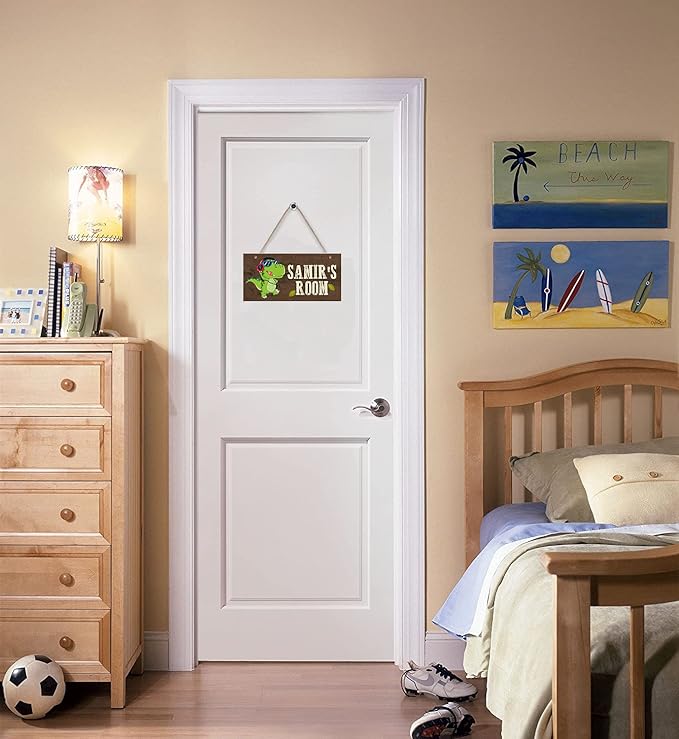 Personalized Wood Hanging Sign for Boys Nursery Kids Bedroom, Custom Wooden Door Sign with Any Text, Cartoon Dinosaur Decor, Kids Nursery Wall Art