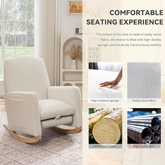 FOXHUNTER Rocking Chair Nursery with Adjustable Footrest and High Backrest, Upholstered Glider Chairs with Side Pockets for Nursery, Rocker Armchair Indoor for Living Room,White