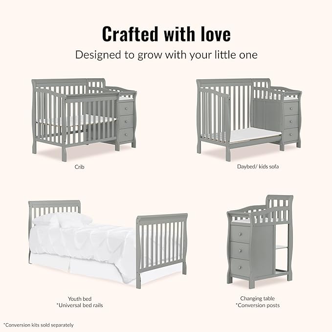 Dream On Me Jayden 4‑in‑1 Mini Convertible Baby Crib & Changer with Storage in Seagrass, Pinewood, GreenGuard Gold & JPMA, 1” Mattress Pad, 3 Mattress Heights, Converts to Mini Day & Twin-Size Bed