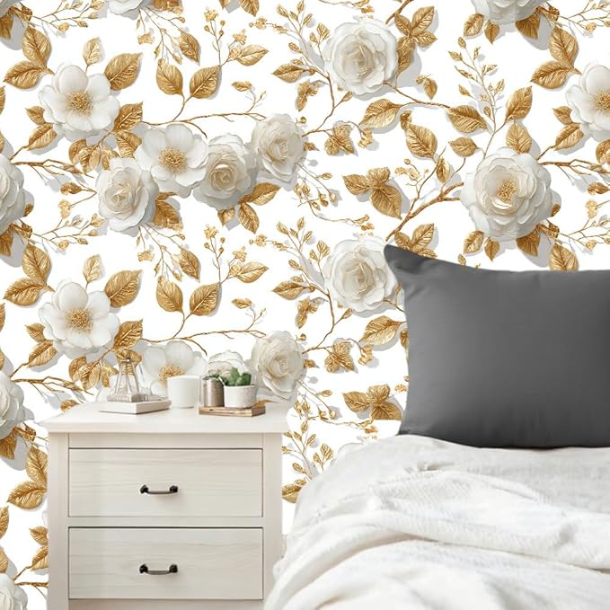 Gold Leaf Flower PVC Wallpaper Sticker 39.37x15.75 Inch White Blossom and Branch Pattern Self Adhesive Decorative Wall Decal for Living Room Bedroom Luxury Home Decor