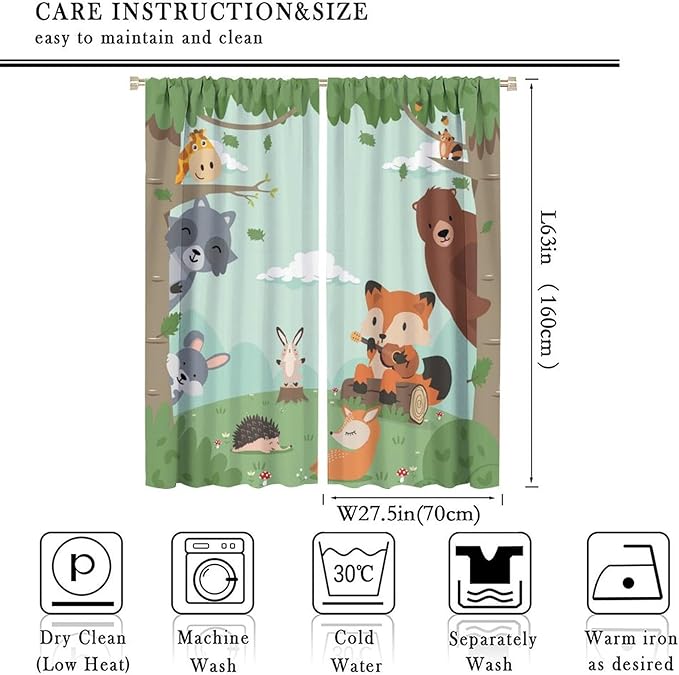 Forest Animals Curtains Colorful Forest Cartoon Cute Fox Bear Giraffe for Kids Boys Girls Nursery Bedroom Living Room Blackout Rod Pocket Decoration Window Drapes 2 Panels W27.5xL63in