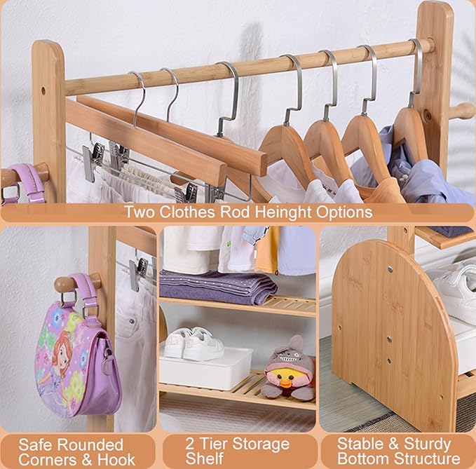 Kids Clothing Rack With Adjustable Rods, Children Clothes Garment Rack for Baby Pet, Dress Up Rack With 2 Bottom Shelves, Wardrobe Closet for Toddlers Nursery