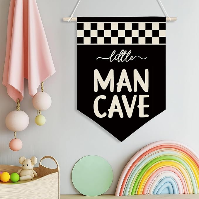 Little Man Cave Wall Banner for Boys Room – Black & White Checkered Canvas Wall Hanging Sign for Kids Playroom, Toddler Bedroom Decor, Cool Poster Gift for Son or Grandson 11x16 inch(KD25)