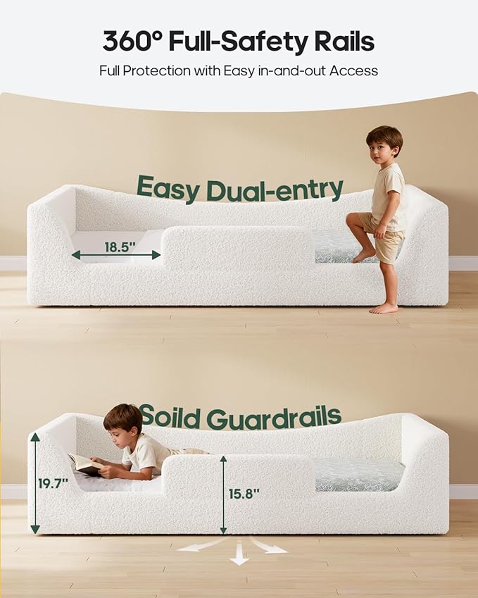 Twin Floor Bed, Low Montessori 2-in-1 Beds, with Slats and High Rails, Upholstered Teddy Boucle, Curve Round Frame for Girls and Boys, No Box Spring Needed, Easy Assemble, Beige (Twin)