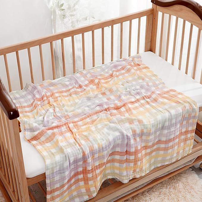 Muslin Swaddle Blankets 6-Layer Cotton Baby Blankets for Boys & Girls 43"X43"Inches Receiving Blankets,Soft Skin-Friendly Baby Crib Blanket,Breathable Quilt Bedspread(Rainbow Grid)