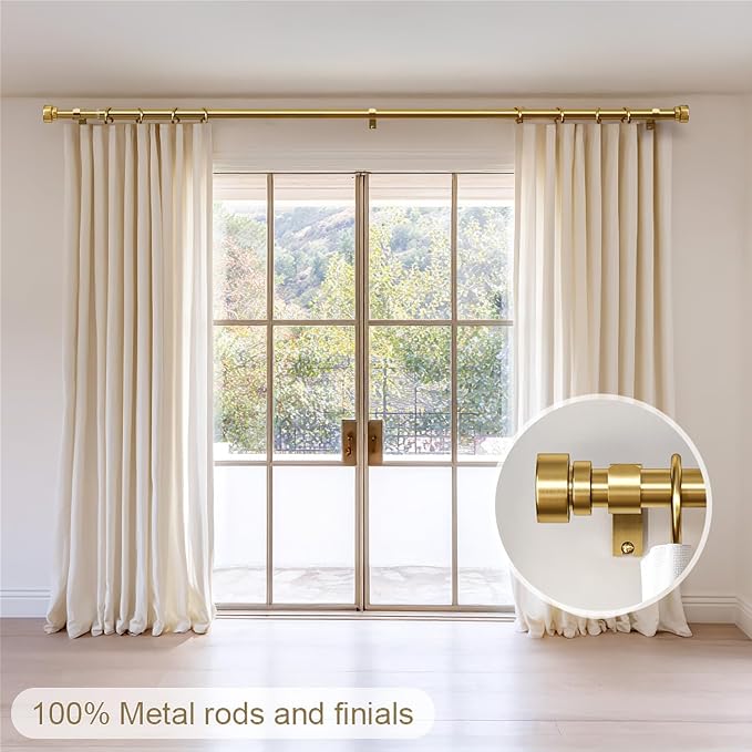 Gold Curtain Rods for Windows 48 to 84 Adjustable Modern Curtain Rod 1 inch Diameter Heavy Duty with Solid Metal Finials for Living Room Bedroom Farmhouse Outdoor Patio
