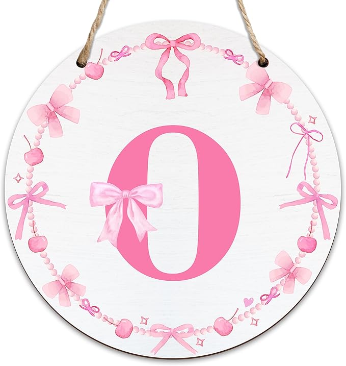 Monogram Round Sign For Front Door, Cherry Bow Theme Sign For Porch Art Wall Door, Initial Signs Hanging Ornament For Indoor Outdoor, Decorations Gifts For Four Seasons Rustic Home Kitchen, O, A15