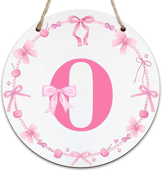 Monogram Round Sign For Front Door, Cherry Bow Theme Sign For Porch Art Wall Door, Initial Signs Hanging Ornament For Indoor Outdoor, Decorations Gifts For Four Seasons Rustic Home Kitchen, O, A15