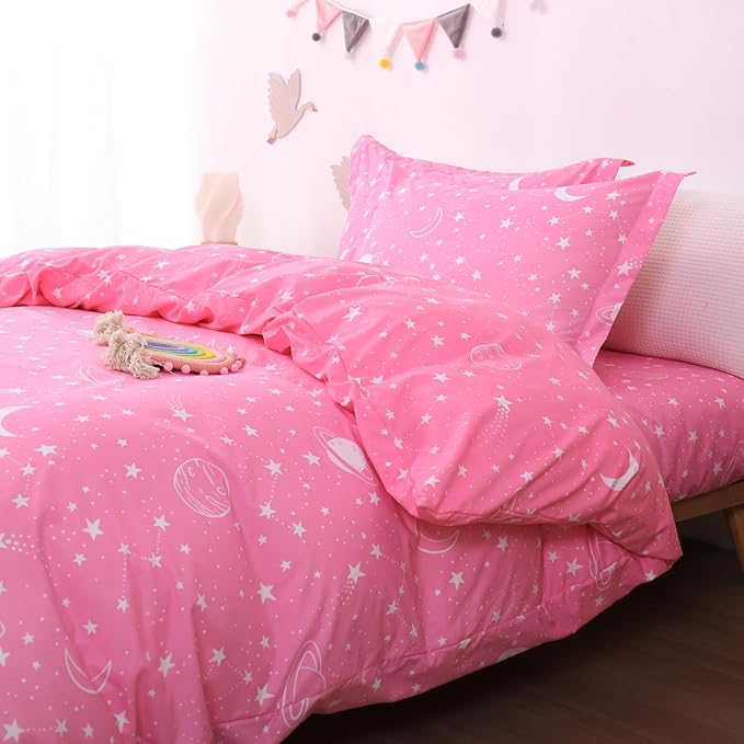 JSD Pink Stars Kids Duvet Cover Set Twin Size, 2 Piece Girls Space Theme Microfiber Comforter Cover with Pillow Sham Zipper Closure, Comforter Not Included