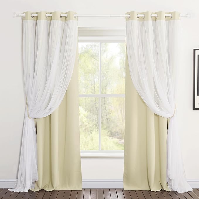 PONY DANCE Double-Layered Curtains with White Sheer Solid Blackout Curtains 84 Inch Length Elegant Grommet Panels for Living Room/Sliding Glass Door (W52xL84, Beige, One Pair, with Tie-Backs)