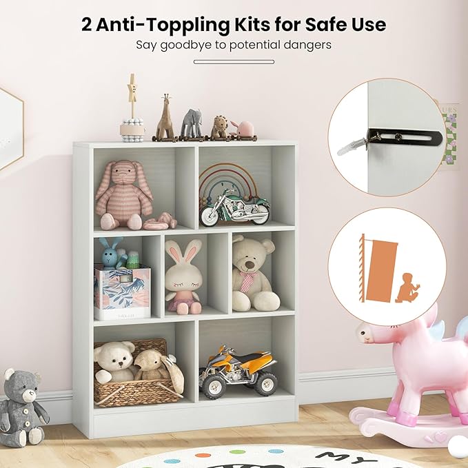 Costzon 7-Cube Bookshelf for Kids, Wooden Toy Storage Organizer w/ 2 Anti-Toppling Kits, 3 Tier Open Shelves & Non-Slip Foot Pads, Montessori Toy Shelf for Kids Rooms, Playroom, Classroom, Nursery
