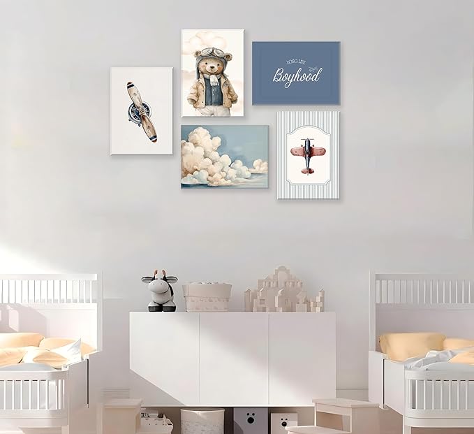 Vintage Baby Boy Nursery Wall Art Retro Airplane Travel Kids Room Canvas Wall Decor Teddy Bear Pictures Navy Blue Aviation Posters Cloudy Sky Painting Print Artwork for Boy Room Playroom, Framed