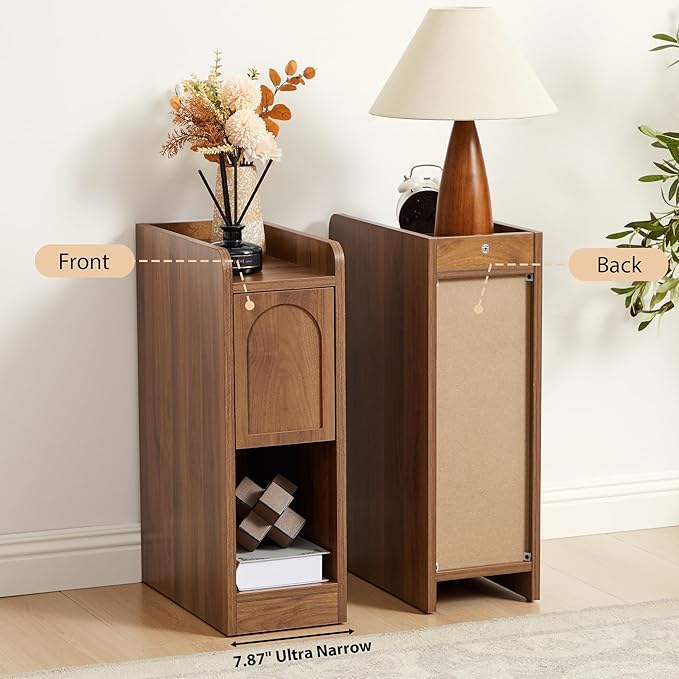 Narrow Nightstand, Slim Bedside Table with Raised Edge Top, Arched Drawer & Open Shelf, Modern Wooden Small Side End Table for Bedroom or Living Room (1, Walnut)
