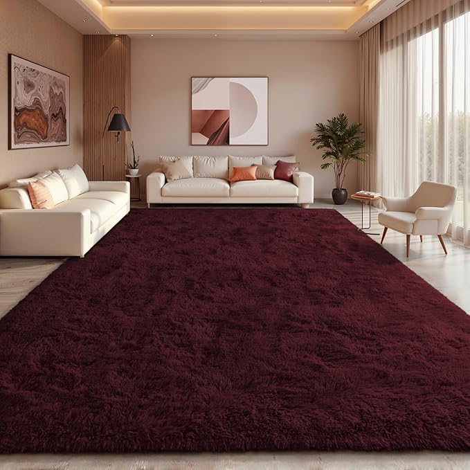 EVOIONOS 6x9 Washable Large Area Rug for Living Room, Fluffy Shag Rug Bedroom, Ultra Soft Plush Non Slip Carpet Indoor Floor Bedside Nursery Kids Girls Room Dorm, Home Decor Aesthetic, Midnight Red