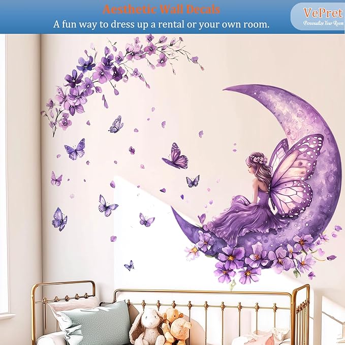 Purple Fairy Wall Decals Peel and Stick, Butterflies Moon Flowers Wall Stickers, Removable Vinyl Home Decor Art for Girls Bedroom Baby Nursery Daycare