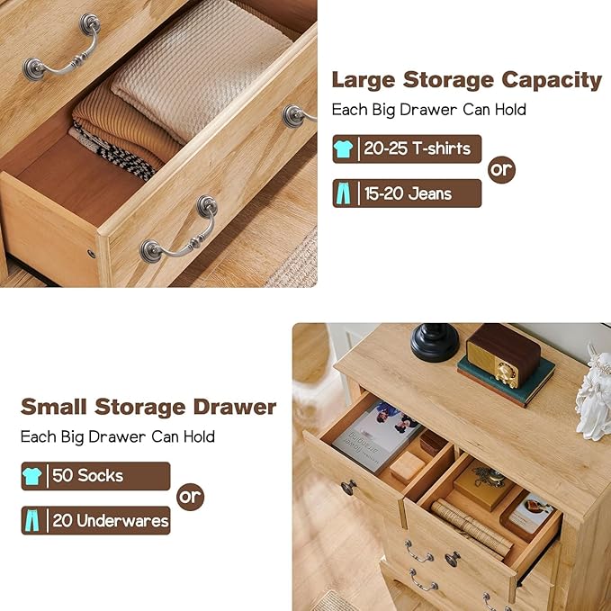 T4TREAM 6 Drawers Dresser Chests for Bedroom, 48" Tall Rustic Chset of Drawers, Wood Dressers Organizer for Bedroom, Living Room,Hallway, Natural Oak
