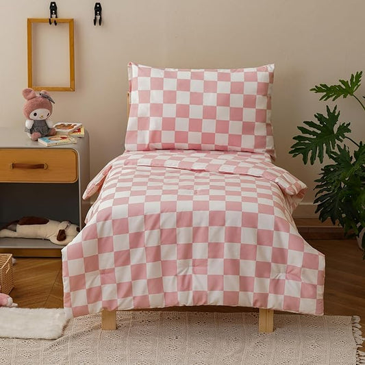 KAREVER Grid Toddler Bedding Set Pink White Checkered 4 Pieces Crib Bed Set Kids Pliad Comforter Set