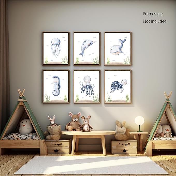 Wodkwq Nursery Wall Art Sea Animal Canvas Prints Baby Girl Boy Room Decor Watercolor Paintings Pictures Cute Ocean Theme Toddler Room Decoration Set of 6 for Kids Bedroom Bathroom 8x10in Unframed