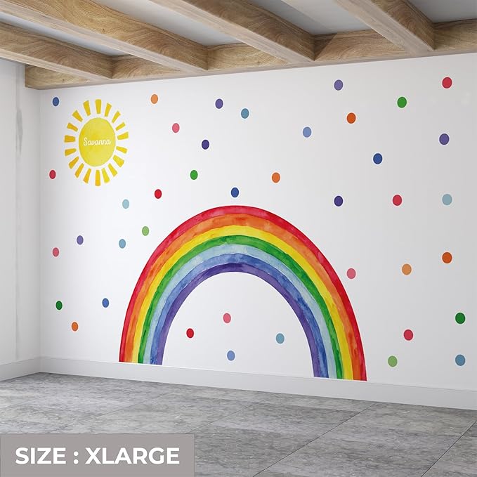 Watercolor Rainbow, Sun, Polka Dots Wall Decal for Kids Room, Nursery, Baby Room Decor, Polka Dots Mural, Rainbow Wallpaper (Vibrant Rainbow, XLarge)