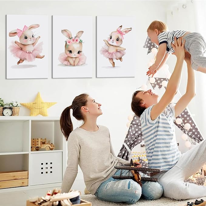 3 Pcs Pink Bunny Wall Art for Nursery Baby Room Cute Posters Prints Wall Decor Pictures Pink Preppy Dress Rabbit Ballet Artwork Canvas Paintings for Girls Room Bedroom Hone Decoration Unframed
