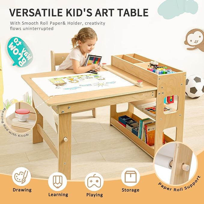 wingyz Kids Art Table and Chairs - Toddler Activity Table and 2 Chair Set with Storage Cabinet, 5 in 1 Kids Desk Craft Table with Paper Roll for Drawing Playrooms Daycare Classroom Gifts