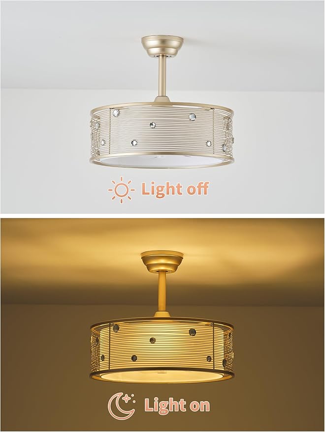 20" Gold Fandelier Ceiling Fan with Light, Gold Chandelier Ceiling Fans with Lights Remote Control, Caged with 6 Speeds for Bedroom, Living Room, Nursery