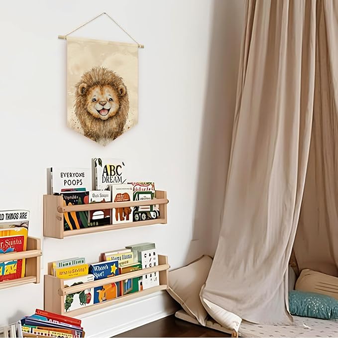 Safari Nursery Decor, Baby Lion Cute Wall Art,Kids room Canvas Banner, Woodland Nursery Decor, Watercolor Animal Lion for Living Room Bedroom Kids Room, Hanging Pennant Flag Banner 15x11in