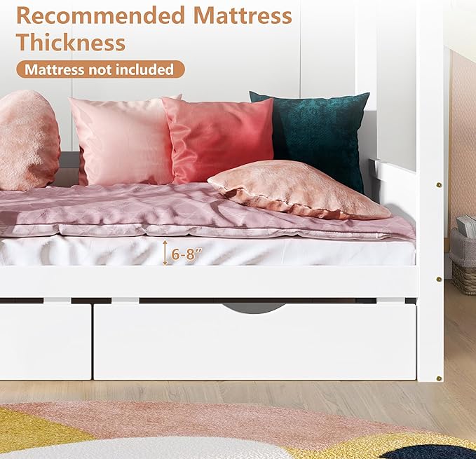 Full Size House Bed for Kids with 2 Storage Drawers, Full Playhouse Bed Frame with Roof and Window, Kids Full Size Bed Frames with Slats, Modern Wooden Montessori Bed for Bedroom, Full-White