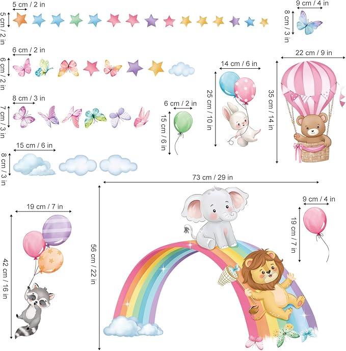 decalmile Rainbow Animal Wall Decals Elephant Lion Bear Clouds Wall Stickers Baby Nursery Kids Room Girls Bedroom Wall Decor