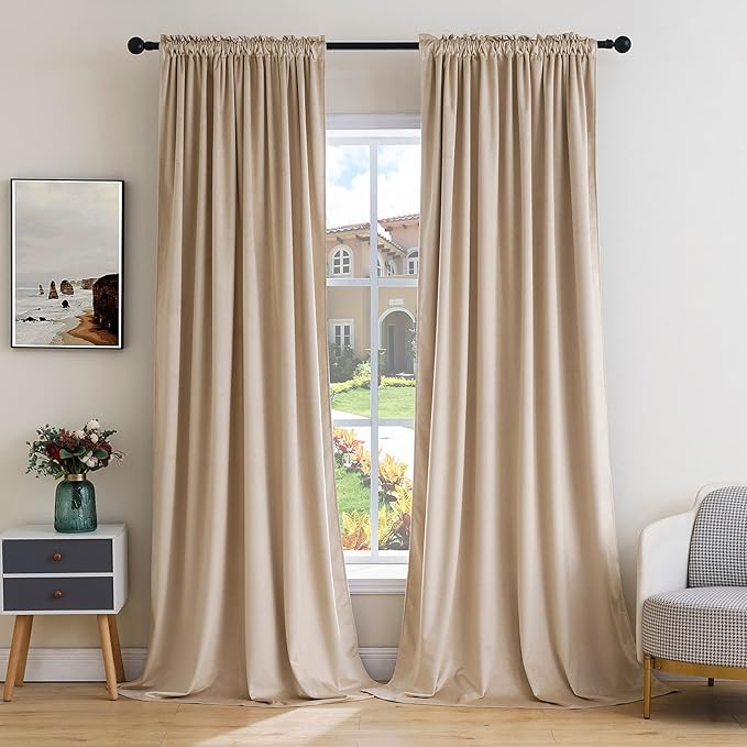MIULEE Camel Beige Velvet Curtains Thermal Insulated Blackout Curtain Drapes for Bedroom Living Room Darkening 84 Inches Long Curtains Panels Rod Pocket Set of 2