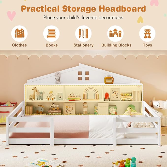 KOMFOTT Twin Floor Bed with Bookcase & LED Light, Wood Bed Frame with Bedside Bookshelves & Guardrails, Versatile 2-in-1 Montessori Floor Bed for Kids (Twin with Led Light,White)