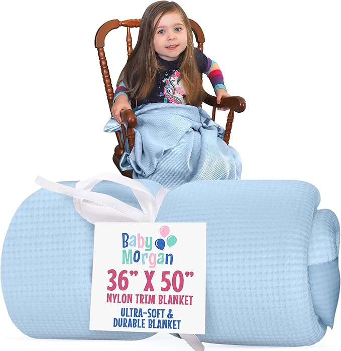 Blankets Thermal Waffle Baby Blanket Crib Bedding - Soft Cozy Warm Infant Thermal Cover for Nursery Stroller or Bassinet, Lightweight Ideal Shower Gift, Nylon Trim Blue 36" x 50"