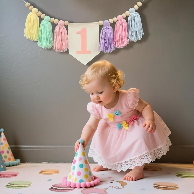 Boho Macaron Handmade 1st Birthday High Chair Banner First Highchair Banner For Baby Girls Wood Bead Tassel Garland 1 Birthday Party Decorations Princess Photoshoot Props Photo Props