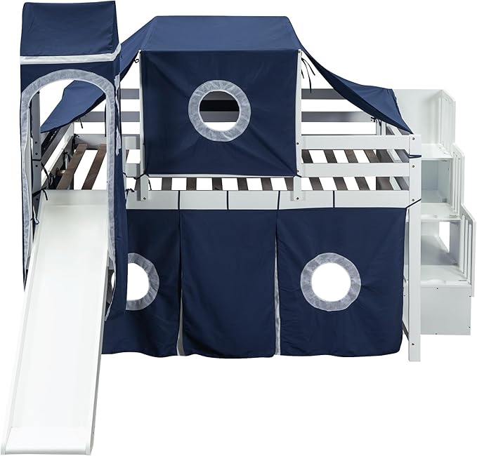 Playhouse Full Size Low Loft Bed with Slide & Tent and Tower, Solid Wood Tent Bed Frame with Storage Staircase for Kids Teens Boys Girls, Versatile Spacious Under Bed Space with Curtains (Blue-TXF)